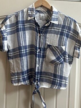 Rails Button Down Tie Blouse Top Blue & White Plaid XS